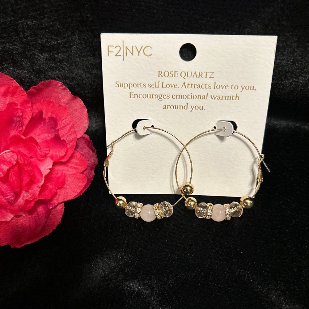 F2/NYC Rose Quartz, Beads, & Rhinestone Hoop Earrings NIP